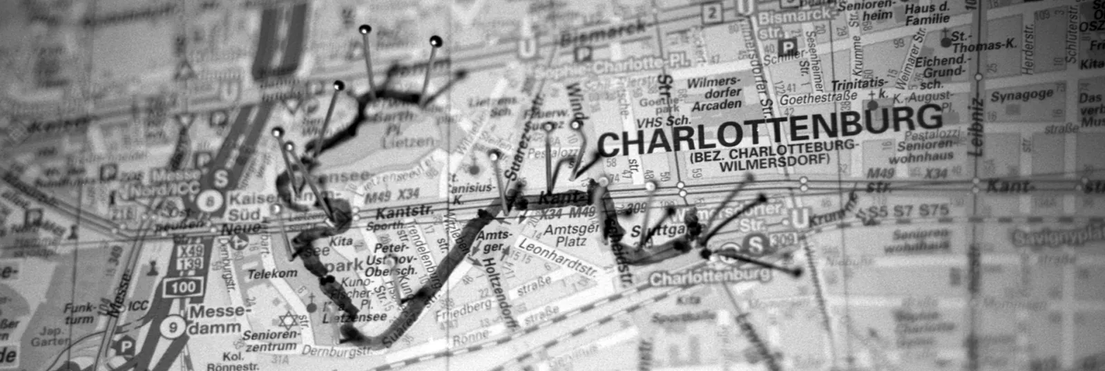 Berlin Footnote TX001 route pinned across a map of Charlottenburg
